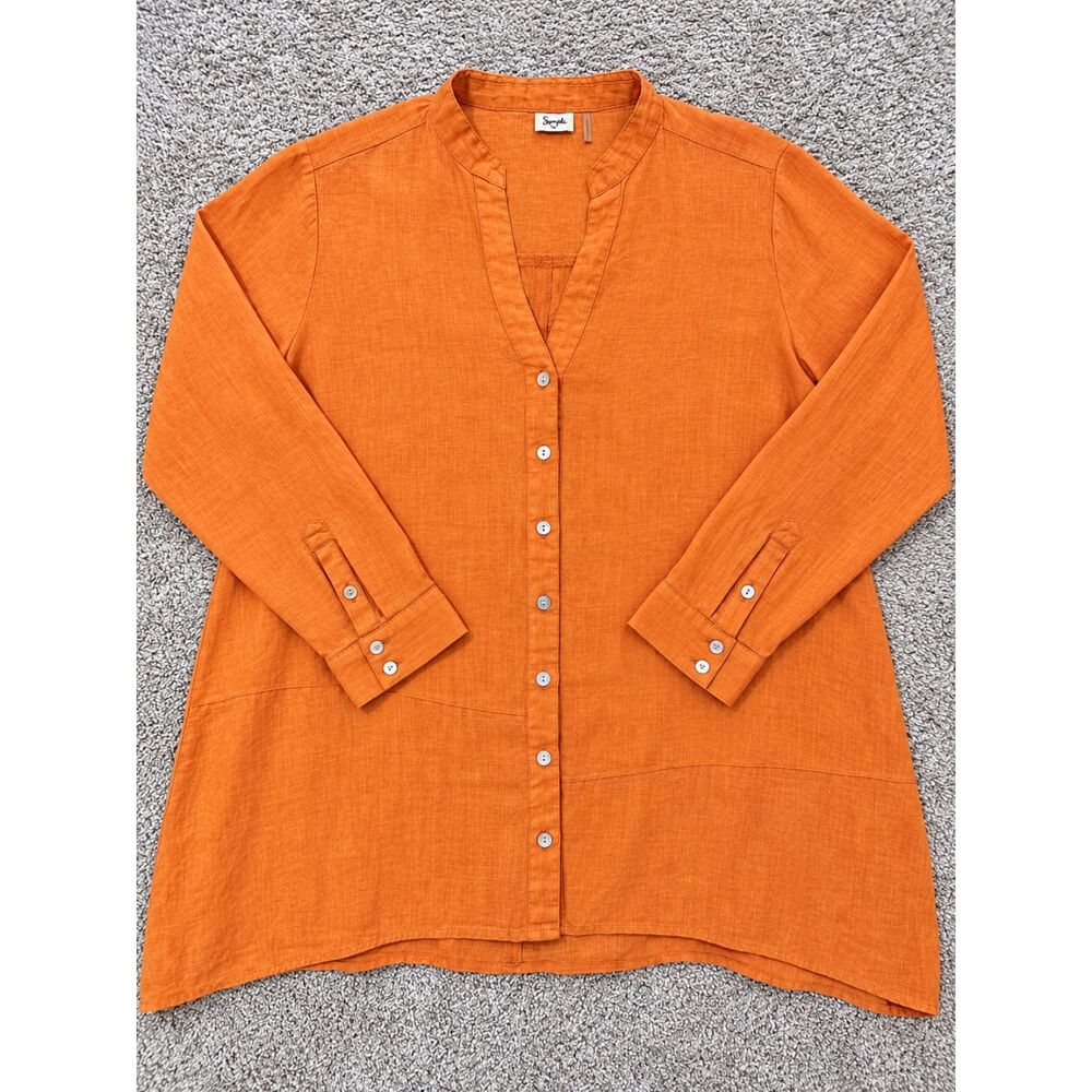 Sympli 100% Linen Orange Button Front Tunic Shirt Natural Fiber Lagenlook Large